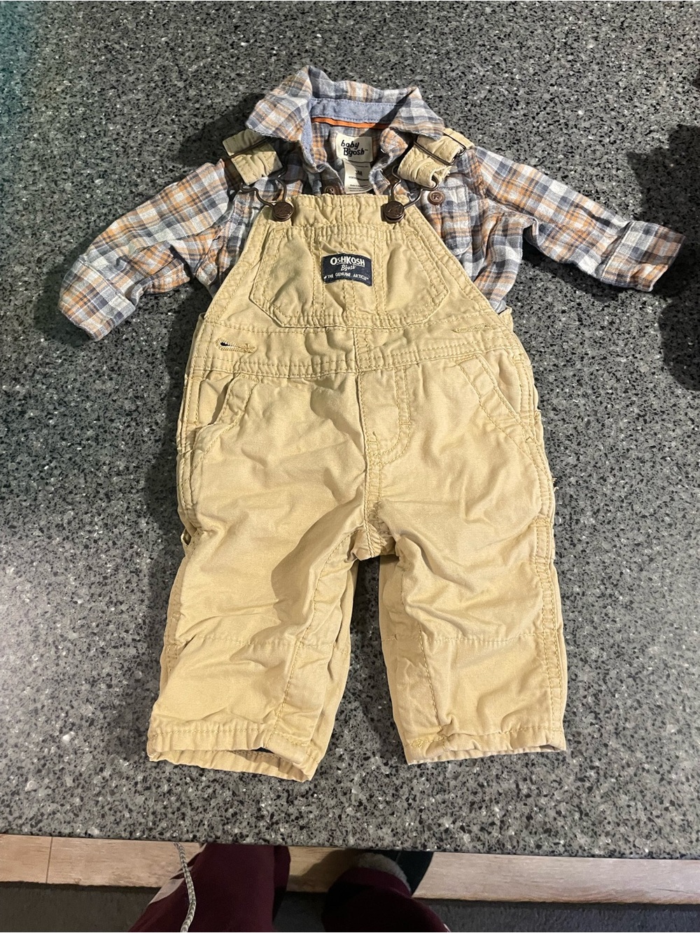 OshKosh B'gosh Tan Overalls with Plaid Shirt
